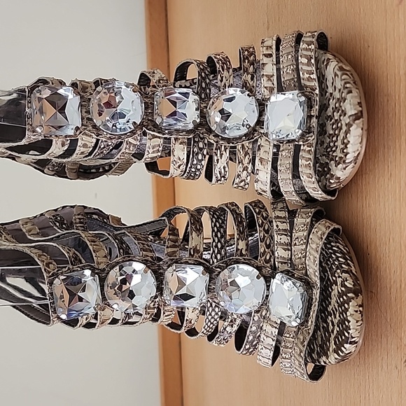 Sam Edelman Snakeskin Bejeweled Needle Heel Strappy Peep Toe Sandals 8M Ab - Picture 5 of 14